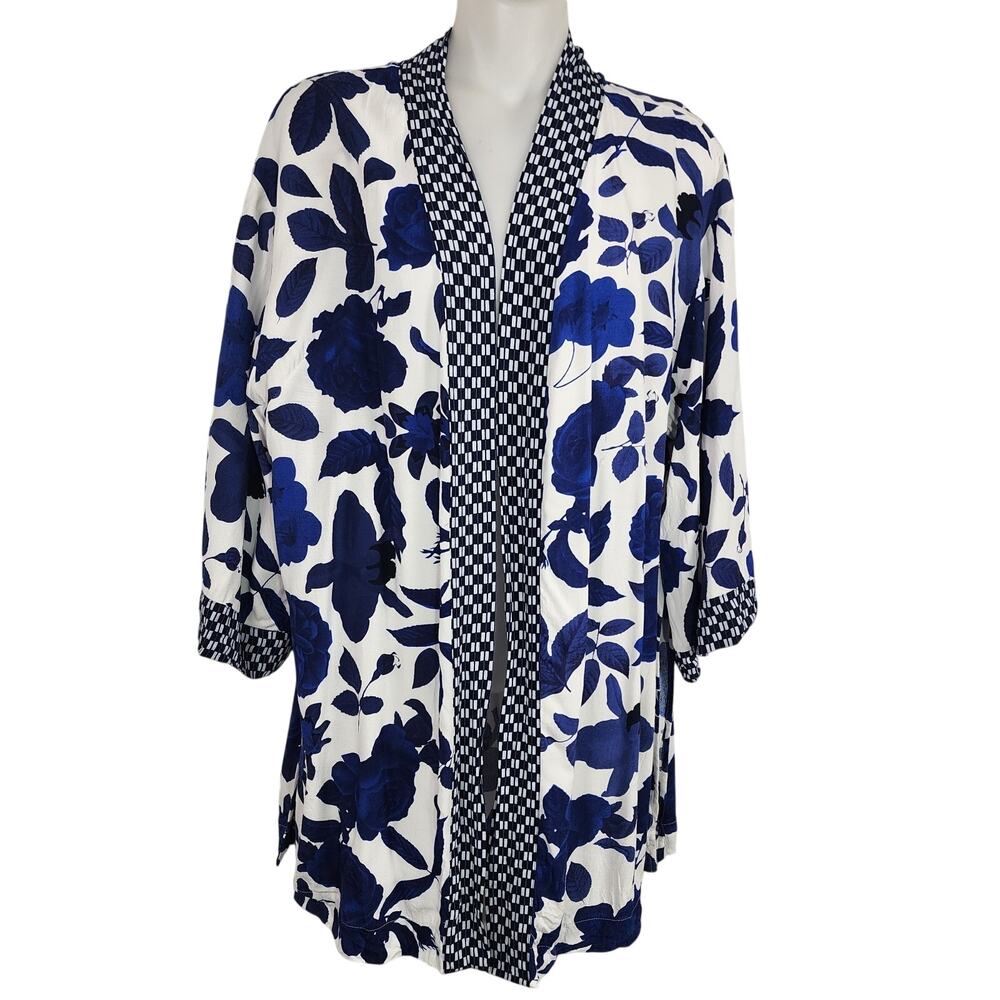 CAbi Floral Botanical Kimono Jacket XS/S White Blue 3/4 Sleeve Open Front 5661